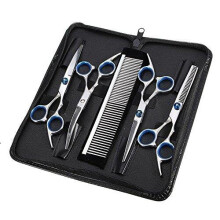 Hebey 5-Piece Stainless Steel Pet Grooming Scissors Set - 7.5-Inch Trimmer Kit for Dogs & Cats (Straight, Curved, Tooth, Comb)