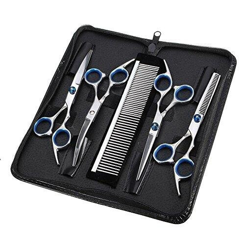 Hebey 5-Piece Stainless Steel Pet Grooming Scissors Set - 7.5-Inch Trimmer Kit for Dogs & Cats (Straight, Curved, Tooth, Comb)