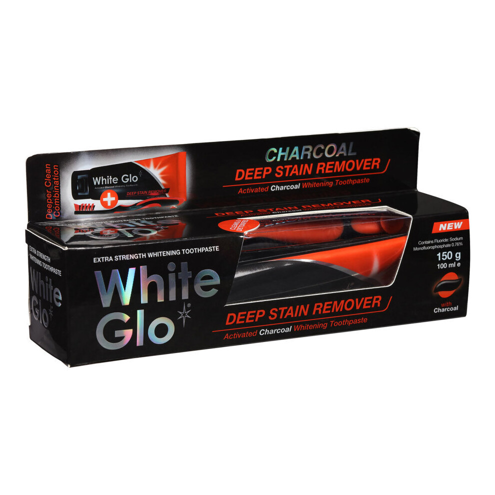 White Glo Extra Strength Charcoal Deep Stain Remover Ning Toothpaste, 150 G / 100 Ml, With Toothbrush And Flosser Toothpick