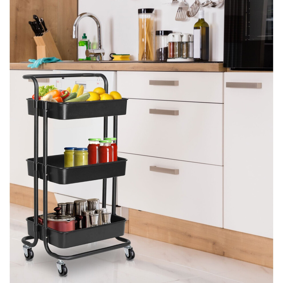 Hyfive Storage Trolley On Wheels Kitchen Baskets 3 Tiers With Wheels Bathroom Storage Trolley Basket Cart Black