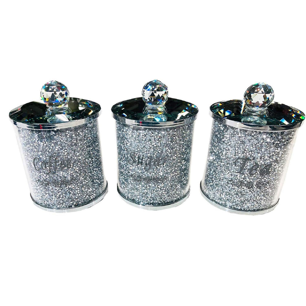 Touch Of Vogue Crushed Diamond Crystal Tea, Coffee & Sugar Jars Silver