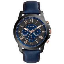 Fossil Grant Chronograph Homme Fs5061 – Cadran noir et bleu, boîtier acier noir et bracelet cuir bleu, étanche 50 m