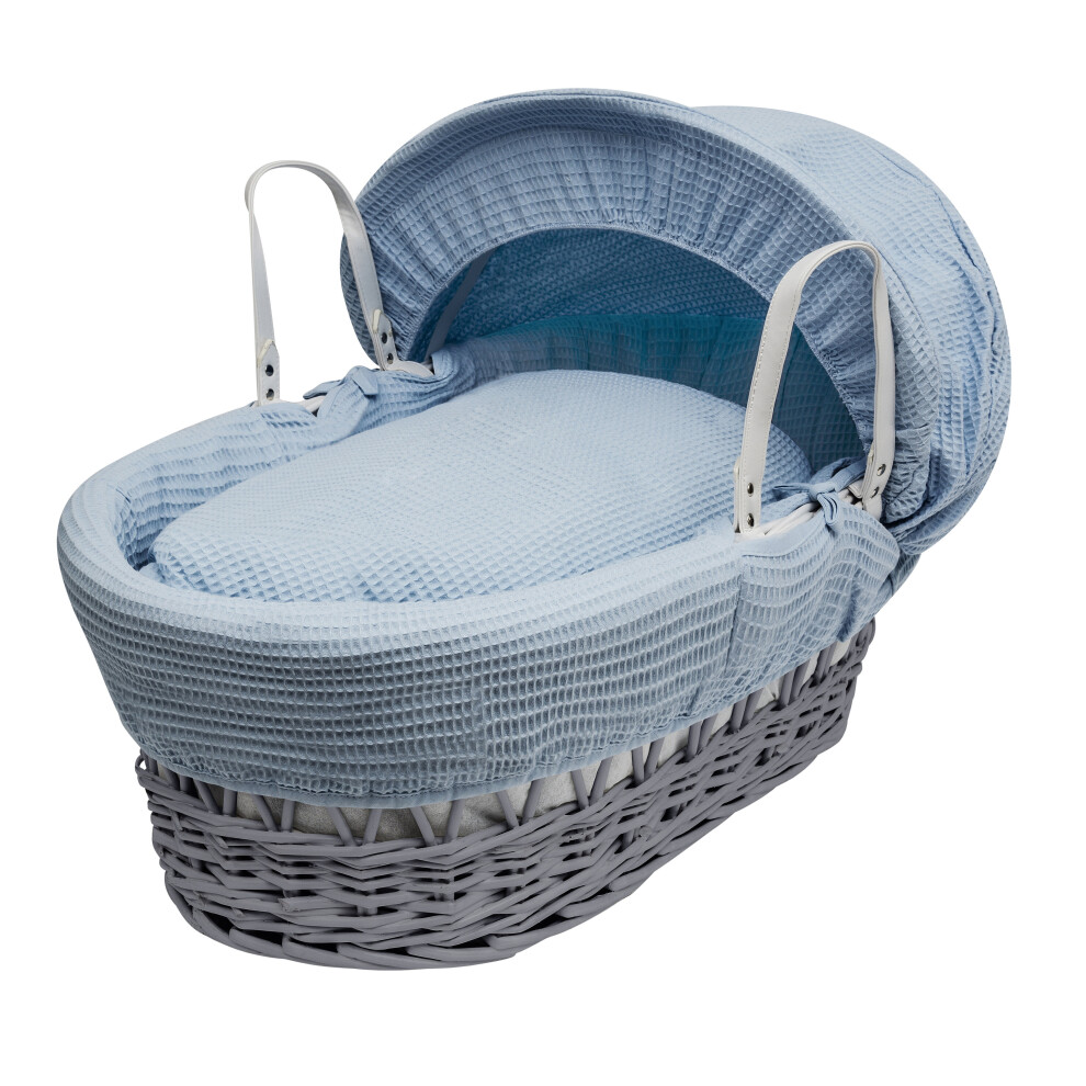 Blue Waffle Grey Wicker Moses Basket With Mattress And Padded Liner