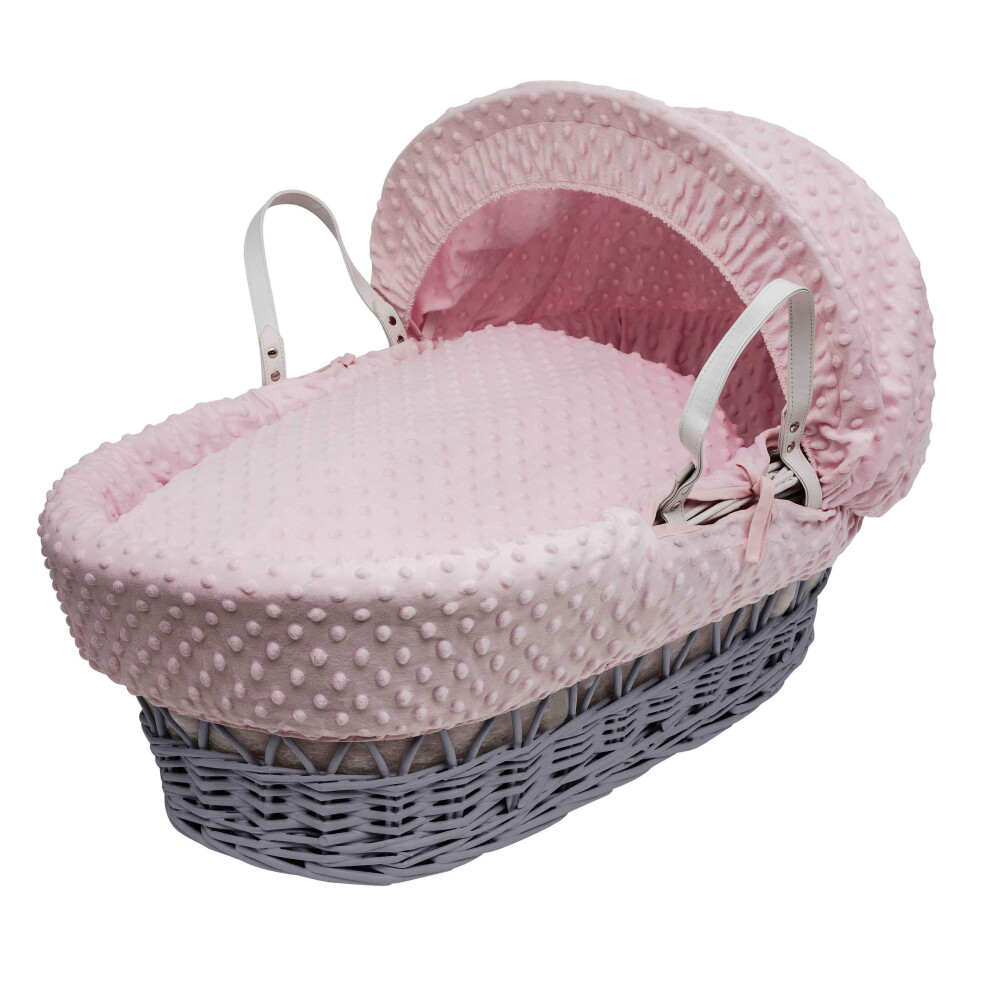 Girls Pink Dimple Grey Wicker Moses Basket With Mattress And Liner