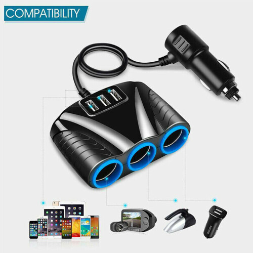 12V 3 WAY MULTI SOCKET CAR CIGARETTE LIGHTER SPLITTER 3 USB PLUG CHARGER PHONE 1