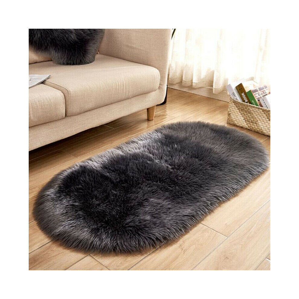 (Dark Gray) Shaped Faux Fur Fluffy Anti-Skid Area Rug Oval Floor Carpet Bedroom Floor Mat