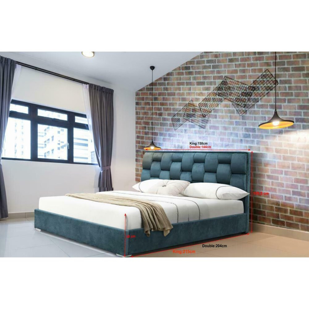 (4ft6 Double, Blue) Auckland PLush Velvet Fabric Bed Frame with Ameila Mattress