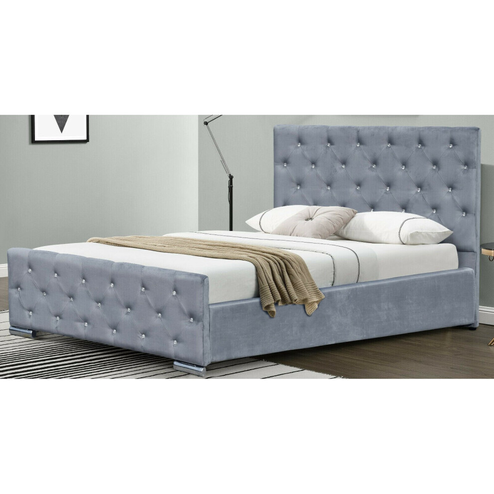 (5ft Kingsize, Grey) Palma Crushed Velvet Diamante Chesterfield Bedframe with Lucy Mattress