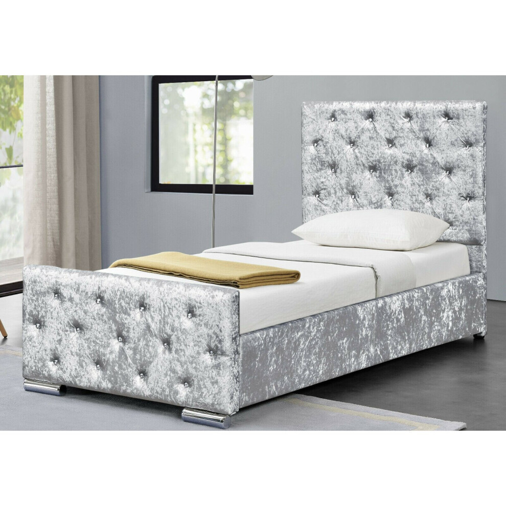 (3ft Single, Silver) Palma Crushed Velvet Diamante Chesterfield Bedframe with Ameila Mattress