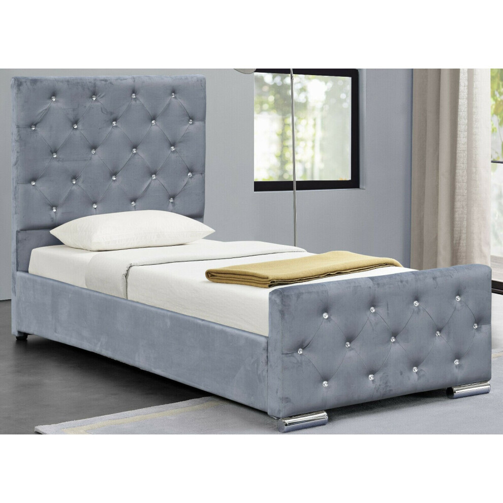 (3ft Single, Grey) Palma Crushed Velvet Diamante Chesterfield Bedframe with Stella Mattress