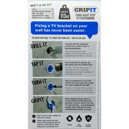 Gripit TV Hanging Kit With Blue Fixings & Drill Bit For Plasterboard on