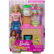 Barbie Noodle Bar Set med Blond Docka, Arbetsstation, 2 Degbehållare, 2 Skålar och 2 Par Ängspinnar