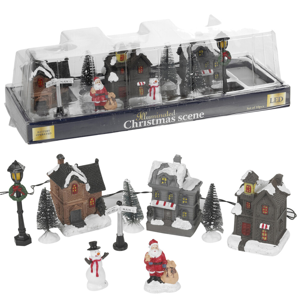 10 Pc LED Light Up Christmas Scene Festive Town Illuminated Decoration