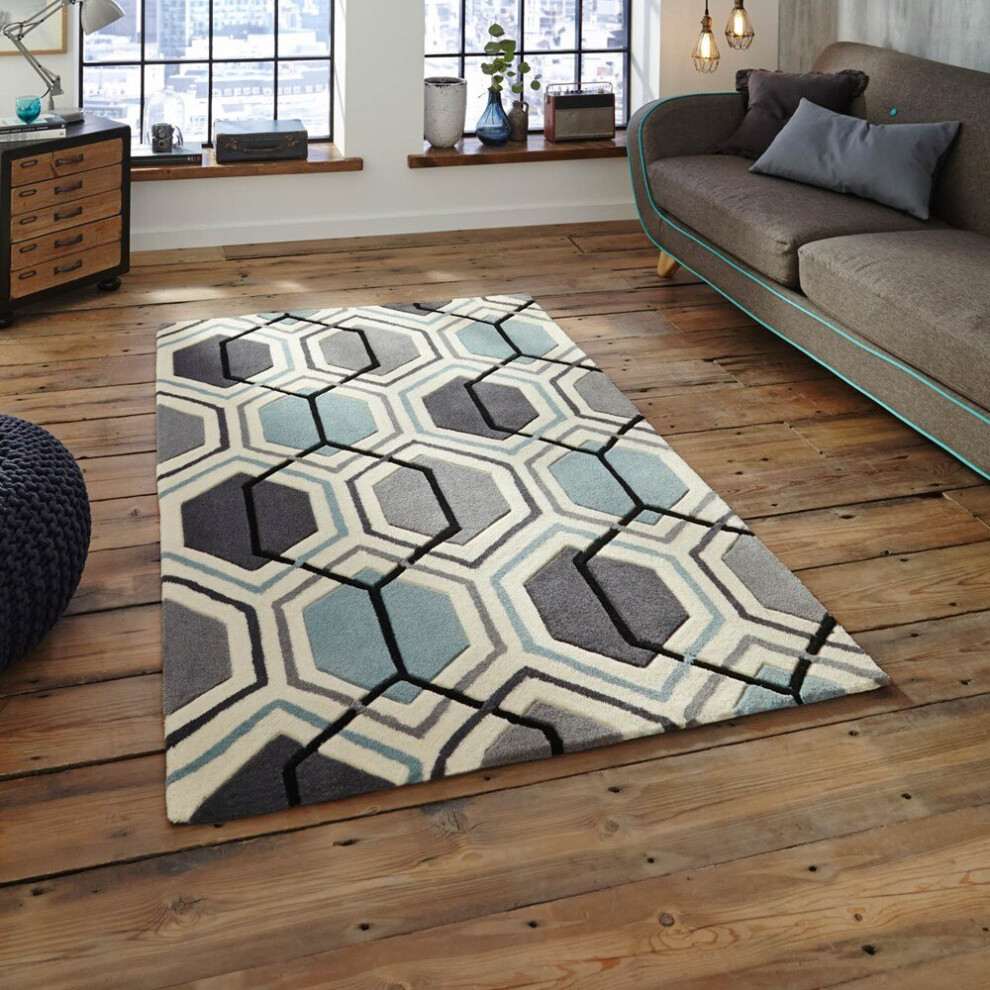 (150x230cm) Hong Kong HK 7526 Modern Pattern Rugs in Grey Blue Geometric Soft Acrylic Mats