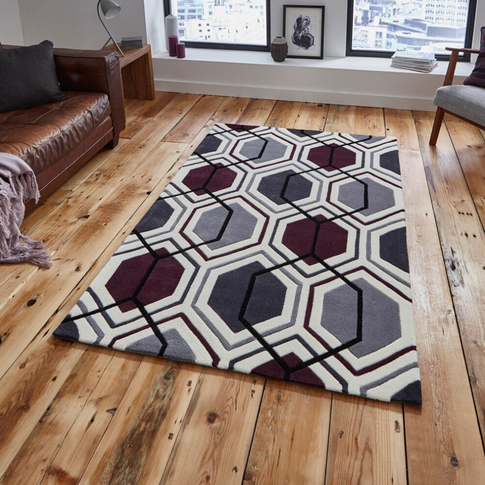 (120x170cm) Hong Kong HK 7526 Modern Pattern Rugs in Cream Dark Purple Geometric Soft Acrylic Mats