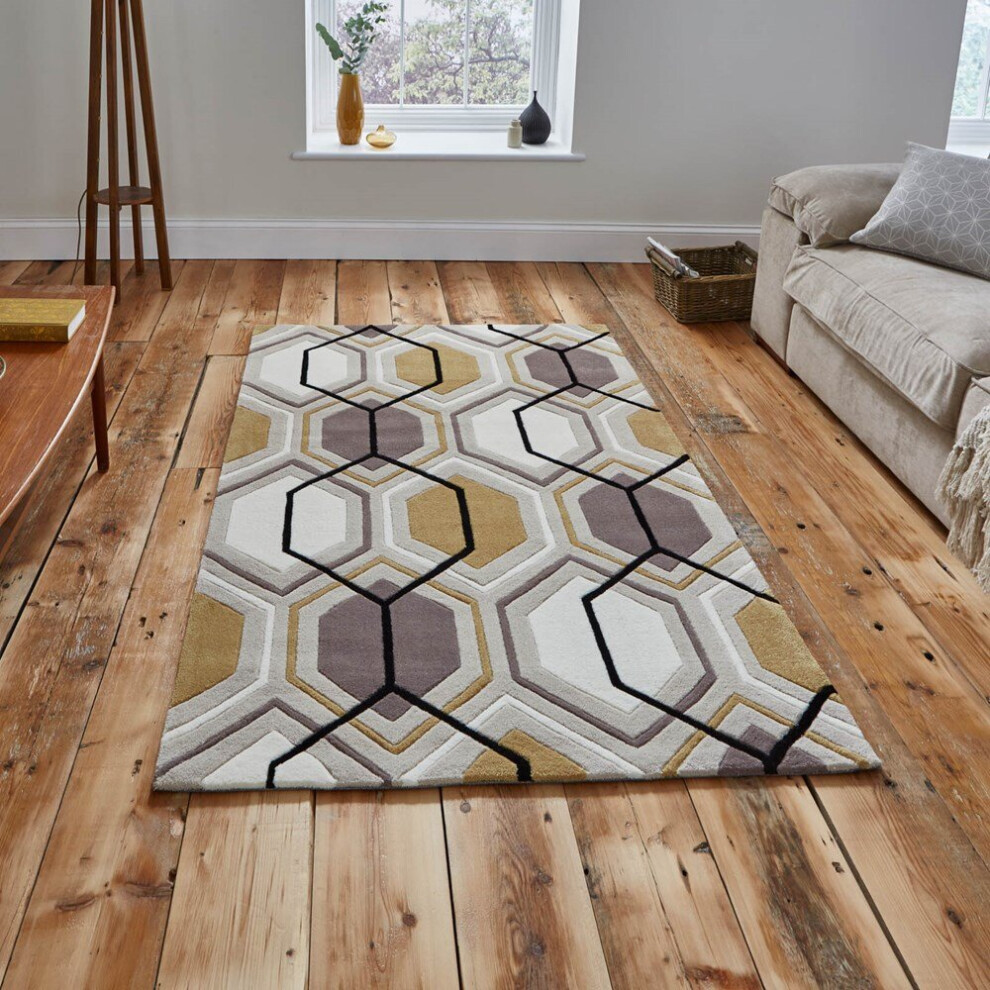 (90x150cm) Hong Kong HK 7526 Modern Pattern Rugs in Beige Yellow Geometric Soft Acrylic Mats