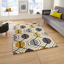 (90x150cm) Hong Kong HK 7526 Modern Pattern Rugs in Grey Yellow Geometric Soft Acrylic Mats