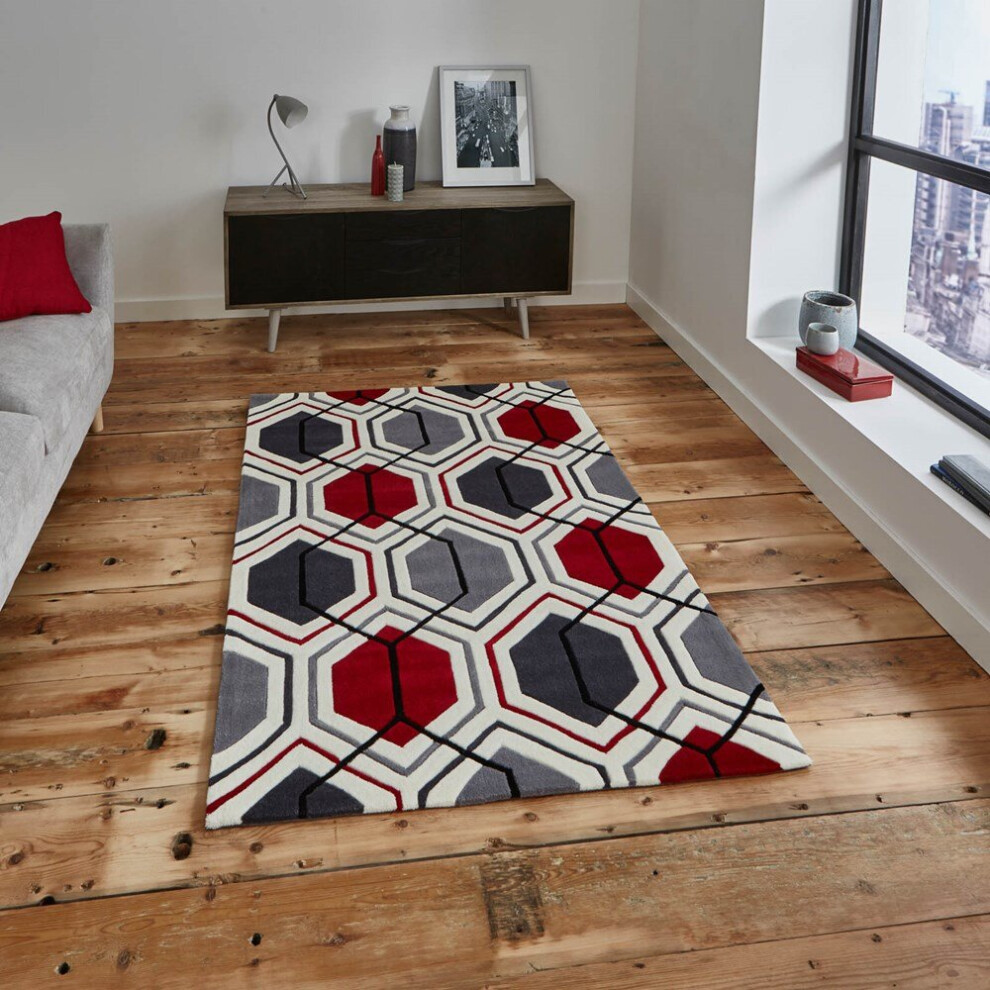 (120x170cm) Hong Kong HK 7526 Modern Pattern Rugs in Cream Red Geometric Soft Acrylic Mats