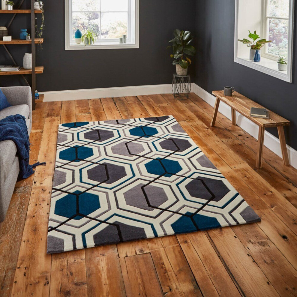 (120x170cm) Hong Kong HK 7526 Modern Pattern Rugs in Grey and Navy Geometric Soft Acrylic Mats