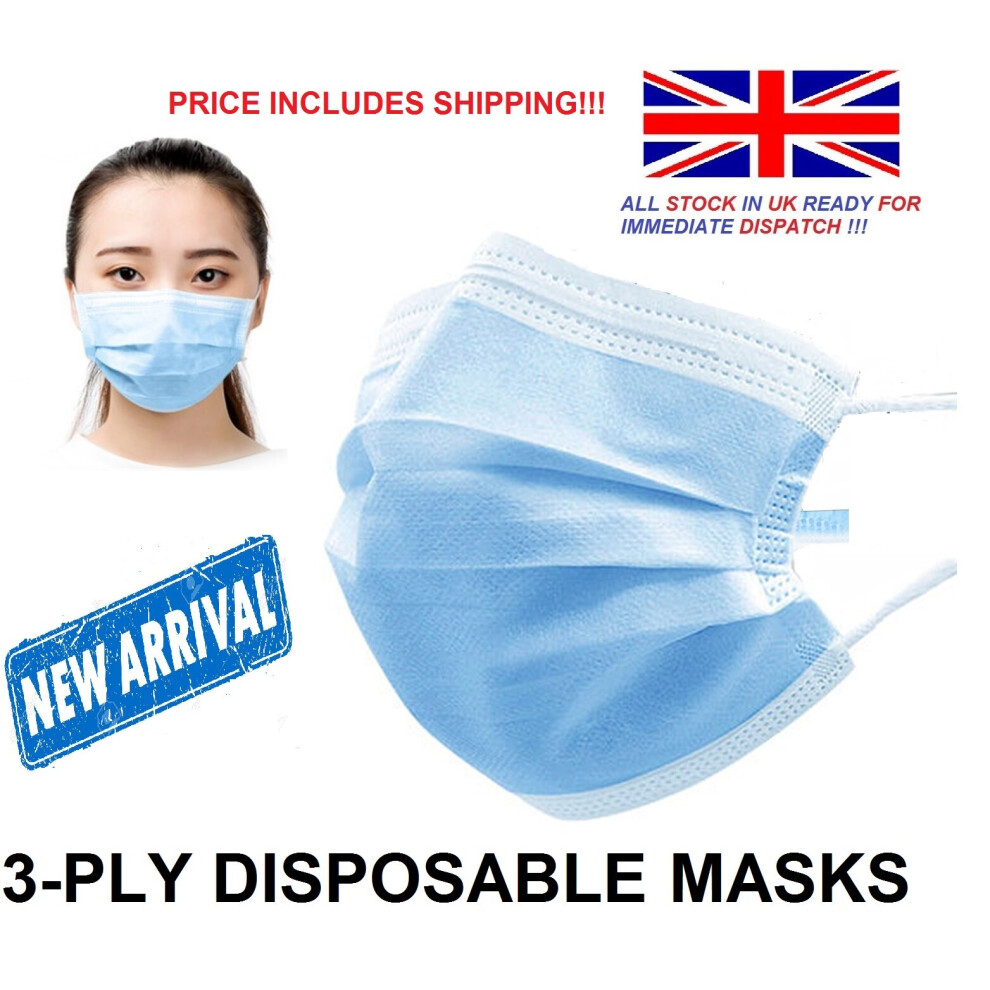 (100) Triple Layer Protective 3ply Disposable Face Masks