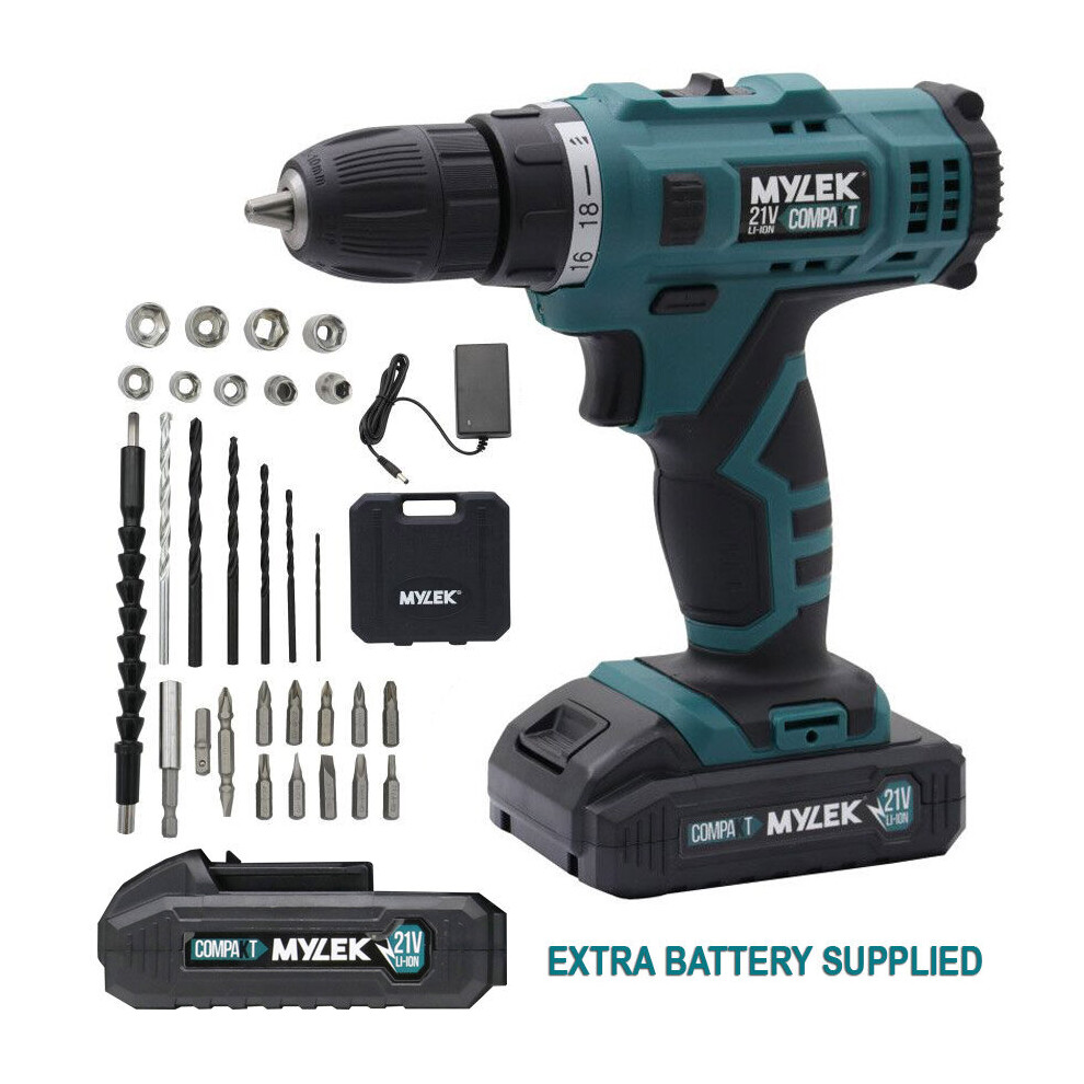 MYLEK 21V Cordless 2-Speed Drill Driver 29-Piece Kit 2 Batteries