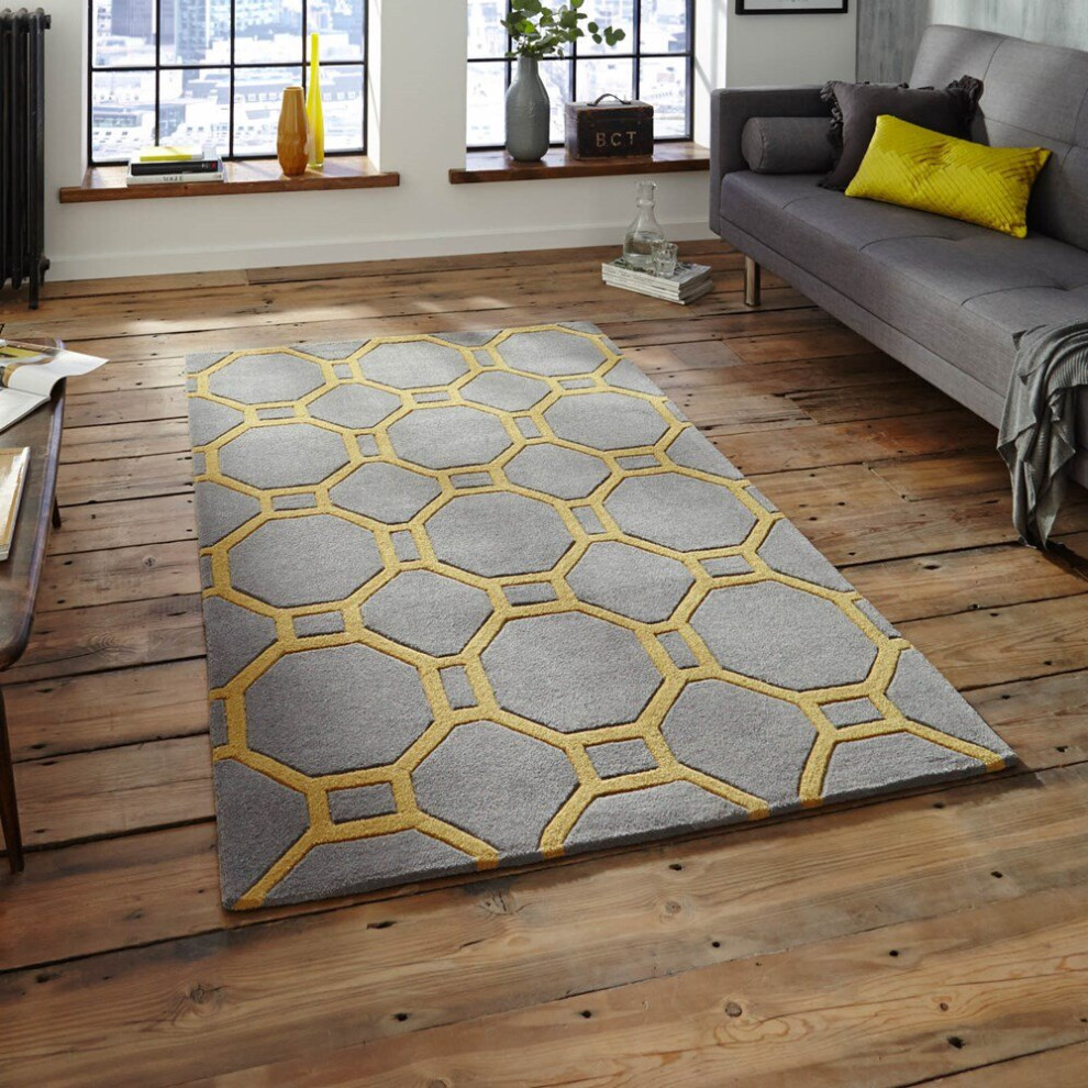 (90x150cm) Hong Kong HK 4338 Rugs in Grey Yellow Geometric Soft Acrylic Mats