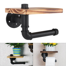 Toilet Paper Holder Industrial Style Iron Pipe Roller With Wood Shelf