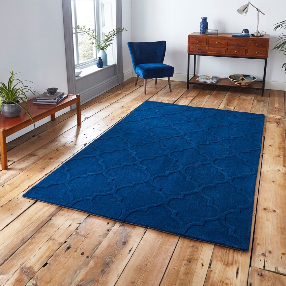 Think Rugs (150X230cm) Hong Kong Rugs Hk8583 In Navy Geometric Soft Acrylic Mats Blue