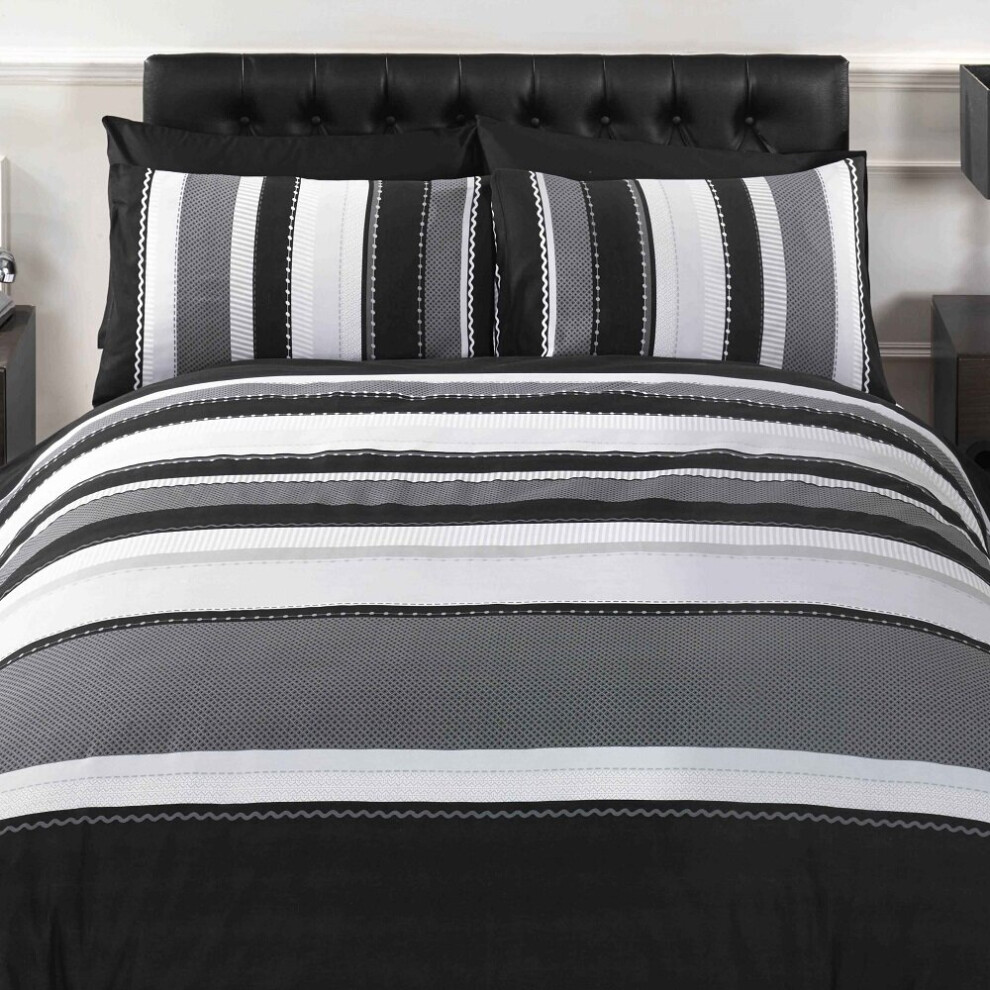 Signature Striped Adults Teenagers Quilt Duvet Cover Bedding Bed Set, Grey, Double