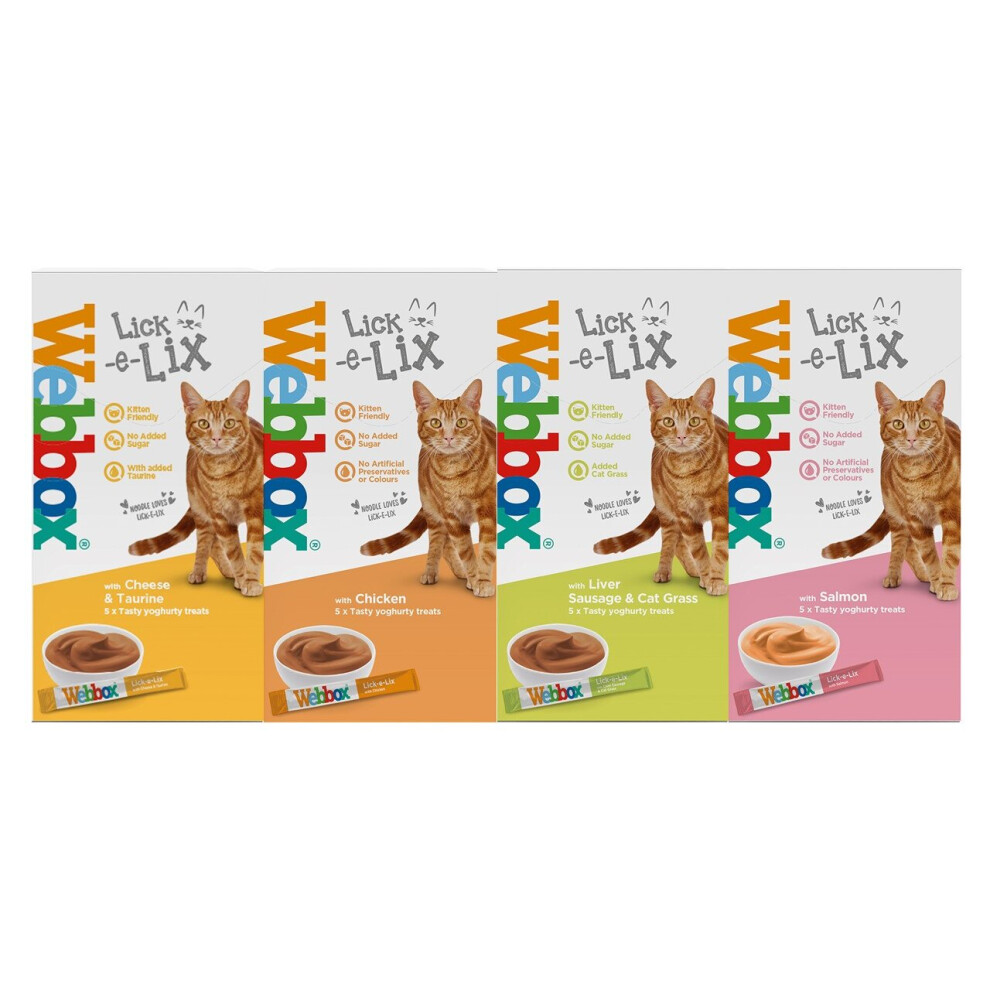 Webbox Lick-e-lix Cat Food Yoghurt Variety Pack (1 x Salmon 1 x Chicken 1 x Liver Sausage 1 x Cheese & Taurine)