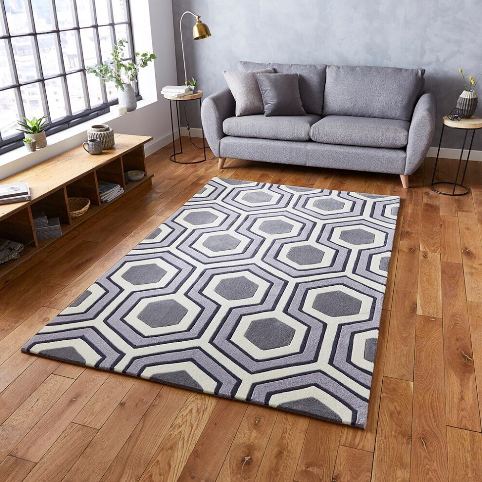 (120x170cm) Hong Kong Rugs HK3661 in Grey Geometric Soft Acrylic Mats