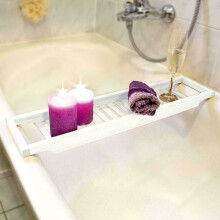 (White) Bamboo Bathroom Storage Grated Caddy Shelf Rack Bridge Bath Tub Tray Relax Ipad