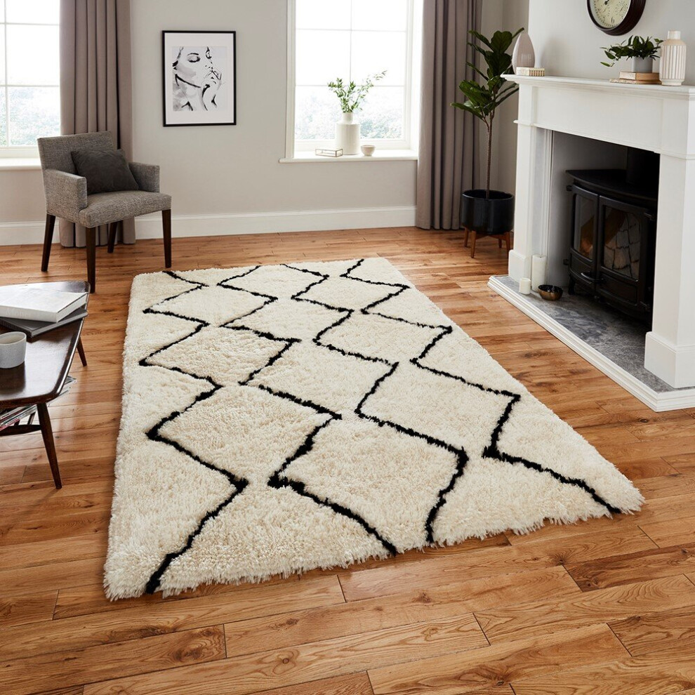 (120x170cm) Morocco 3742 Rugs in Ivory Black Shaggy Moroccan Hand Tufted Soft Acrylic Mats