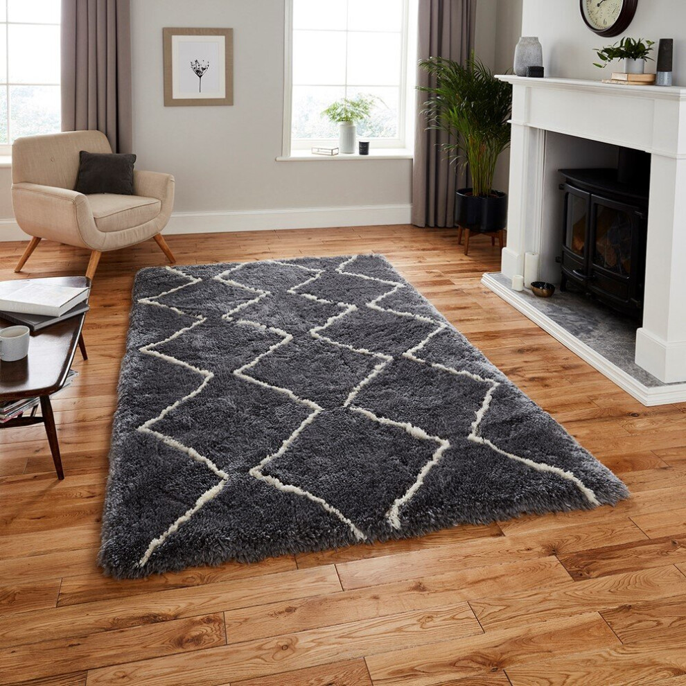 Think Rugs (120X170cm) Morocco 3742 Rugs In Grey Cream Shaggy Moroccan Hand Tufted Soft Acrylic Mats
