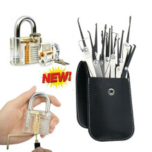 19-Piece Transparent Padlock Practice Set - Lock Pick Training Kit with 15 Picks, 1 Transparent Lock, 2 Keys & Leather Case