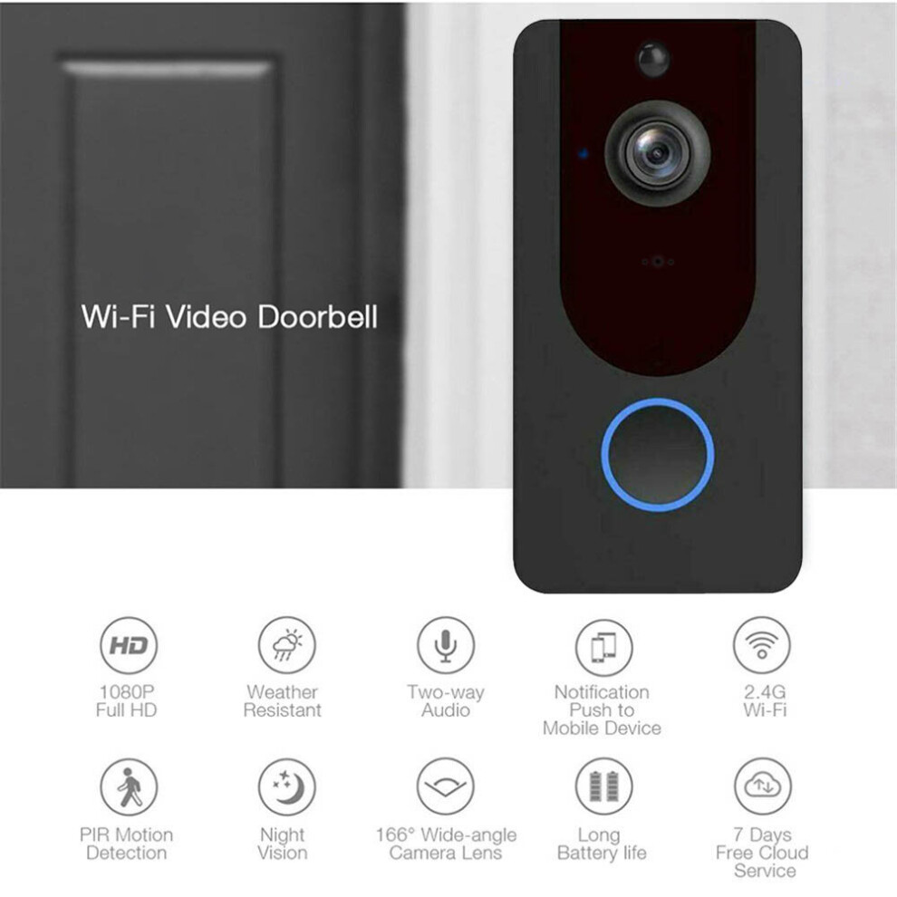 (Black + Batteries) Wireless WiFi Video Doorbell Smart Phone Door Ring Intercom Camera Security