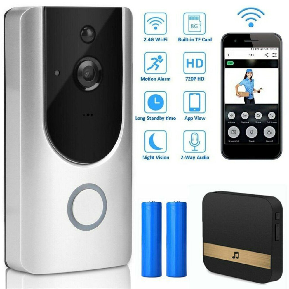 (Silver+Batteries+32G+Chime) Wireless WiFi Video Doorbell Smart Phone Door Ring Intercom Camera Security