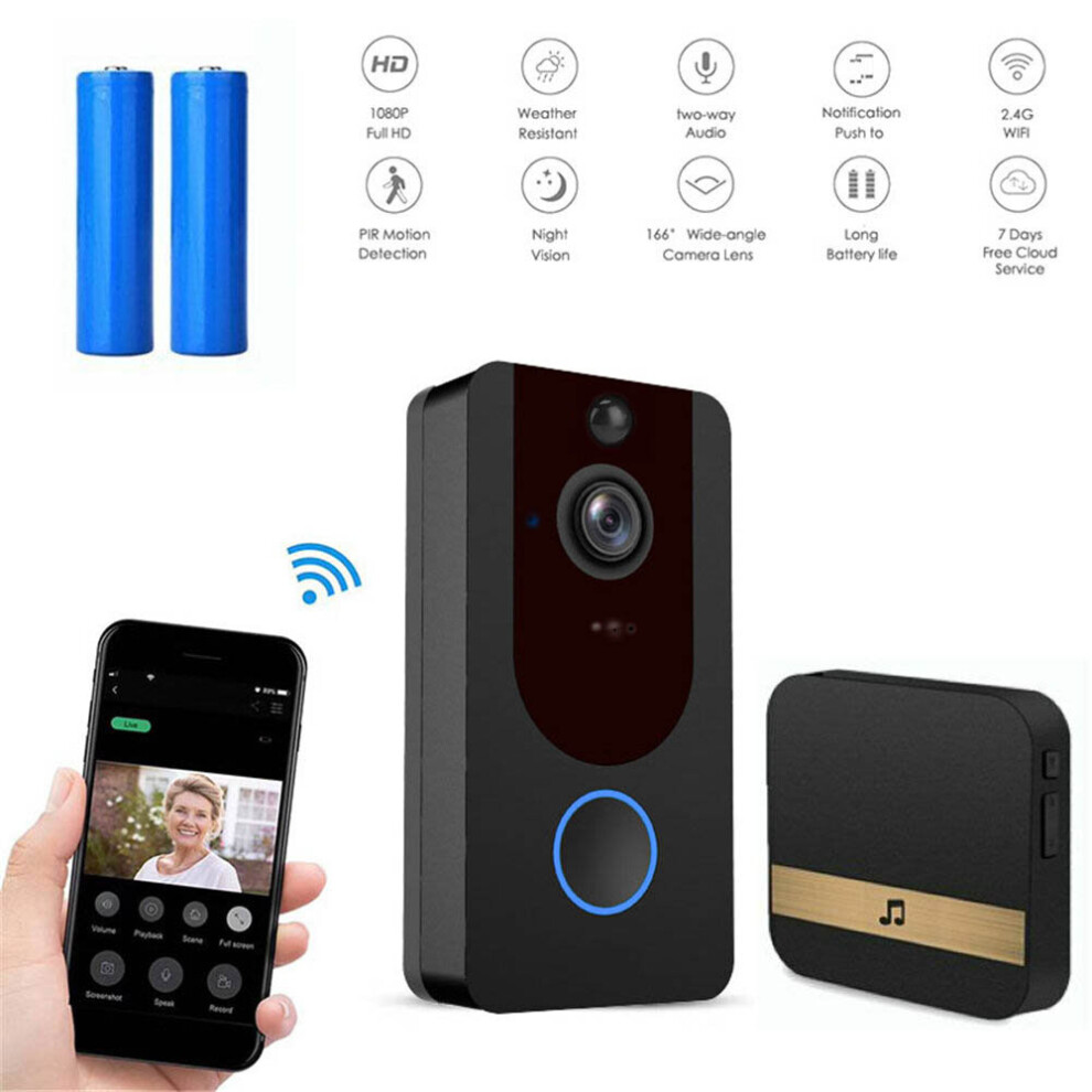(Black+Batteries+32G+Chime) Wireless WiFi Video Doorbell Smart Phone Door Ring Intercom Camera Security