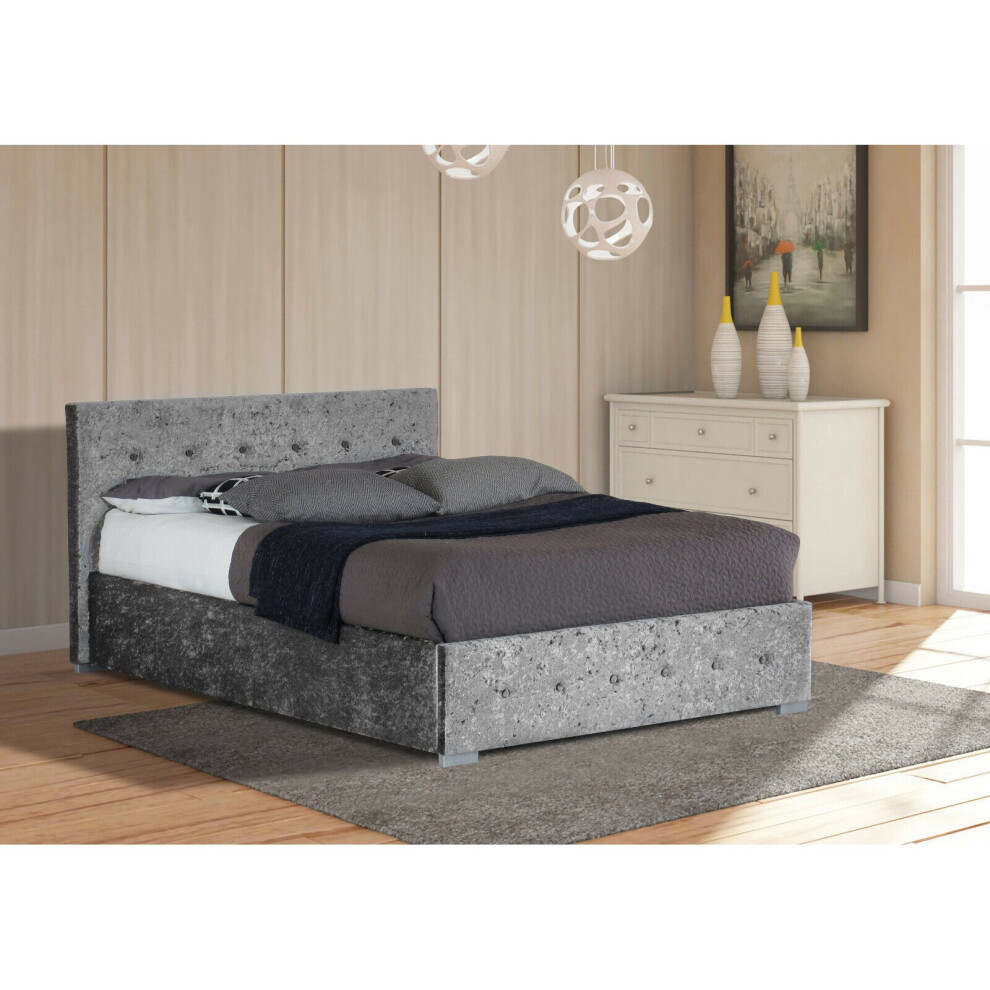 (4ft6 Double, Silver) Albie Crushed Velvet Ottoman Storage Bed with Leila Mattress