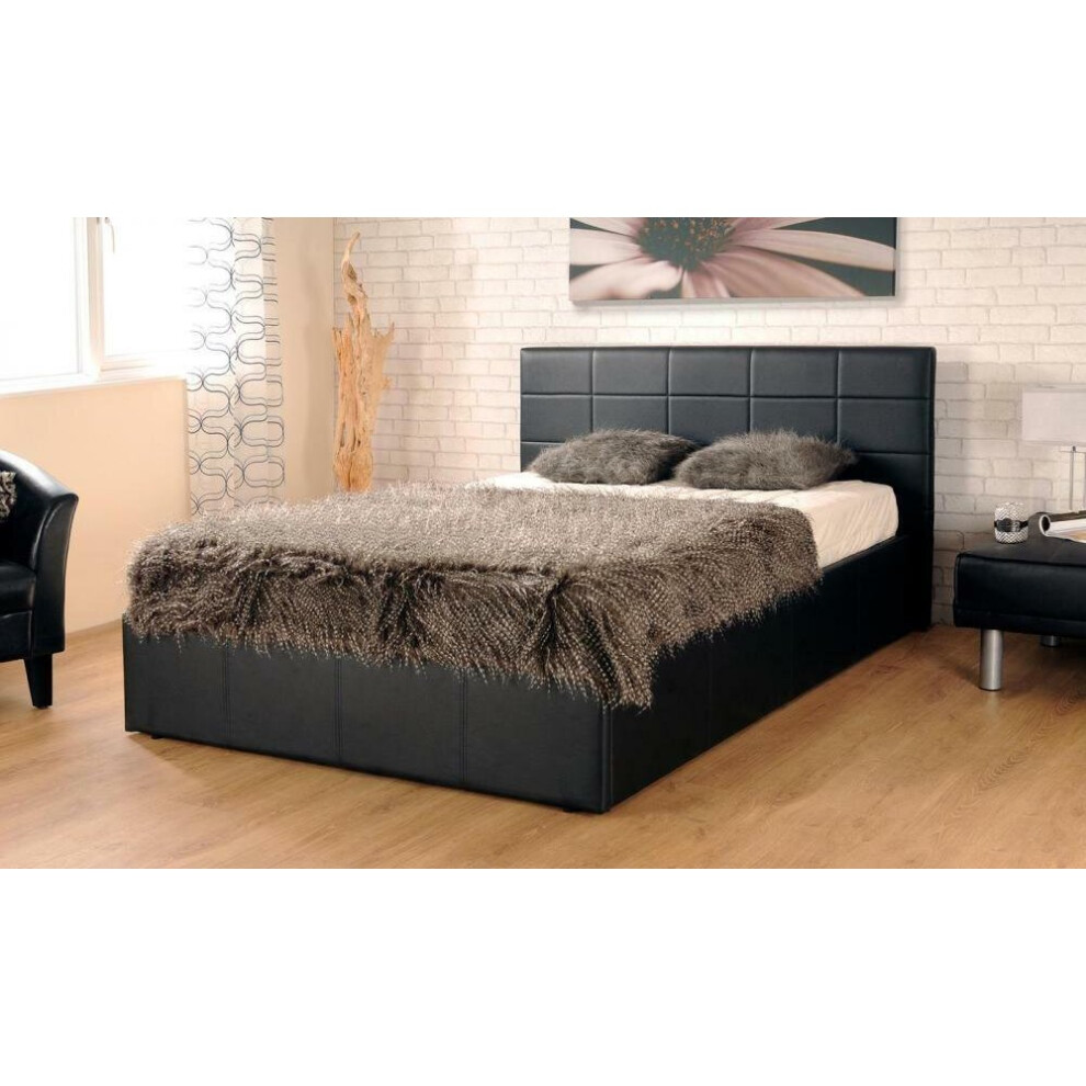 (3ft Single, Black) Ezra Faux Leather Ottoman Storage Bed with Tanya Mattress