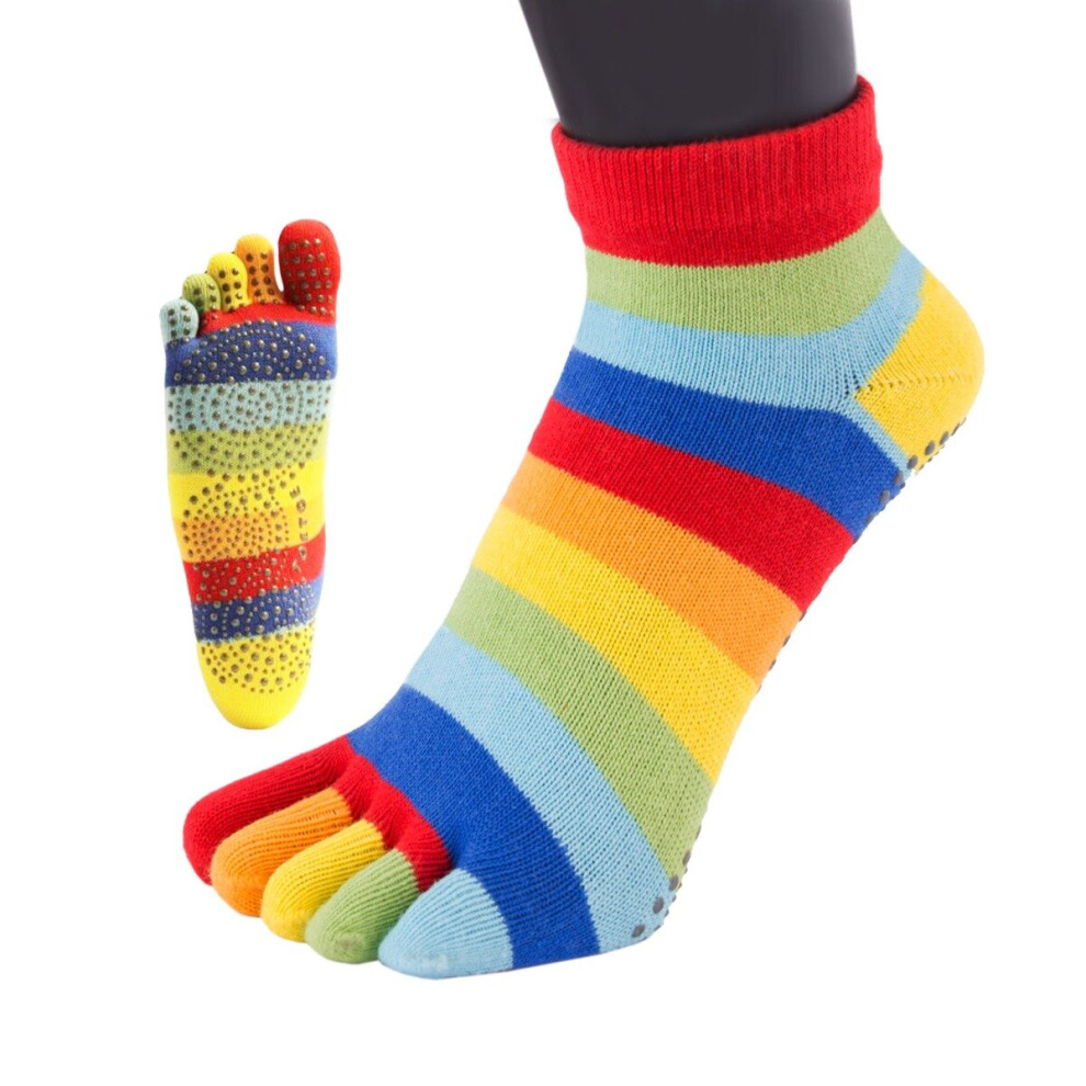 (M, Striped Rainbow) TOETOE Yoga & Pilates Anti-Slip Sole Unisex Trainer Toe Socks