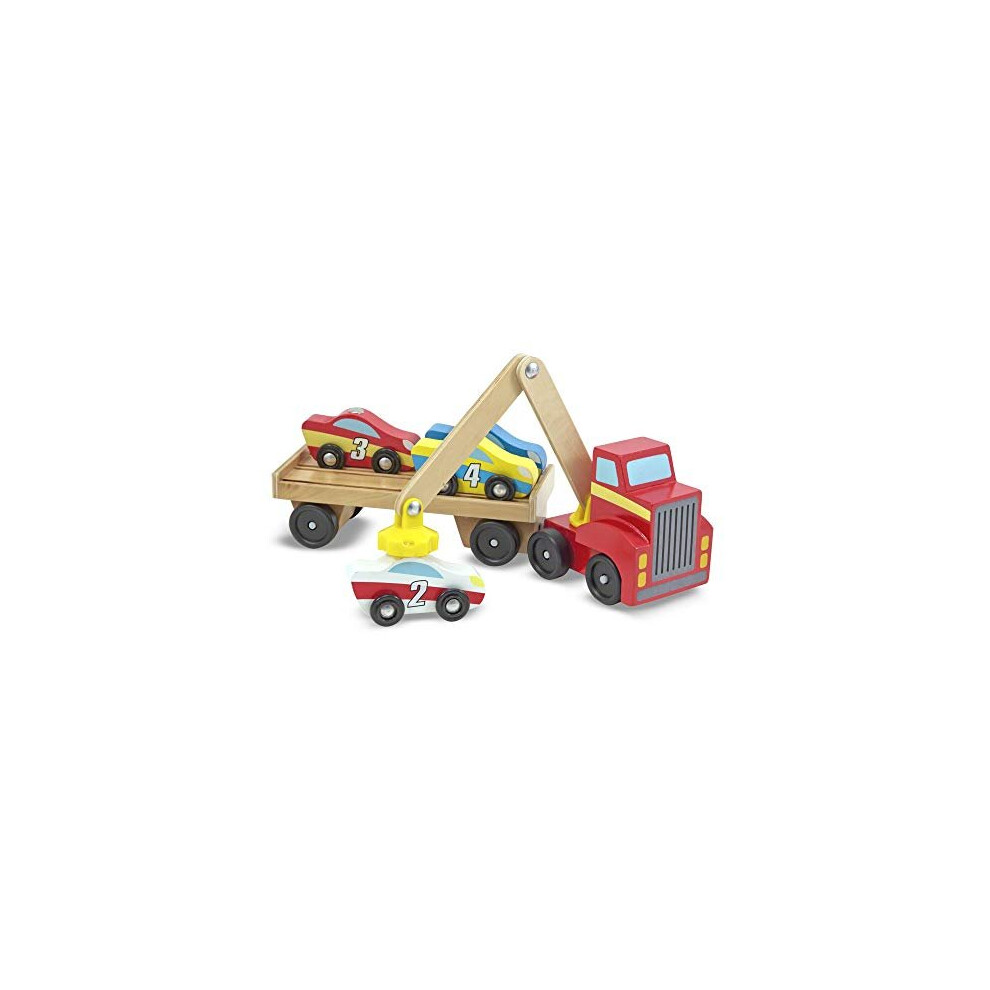 Melissa & Doug Magnetic Car Loader Wooden Toy Set With 4 Cars and 1 Semi-Trailer Truck