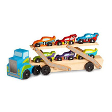 Melissa & Doug Mega Race-car carrier (Wooden Double Decker Trailer With 6 Unique Race cars)