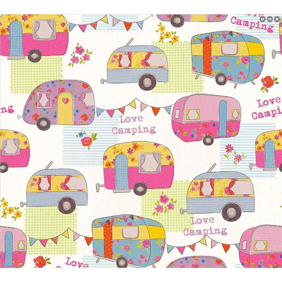 Children's Camper Van Caravan Wallpaper Pink White Bunting Floral AS Creation