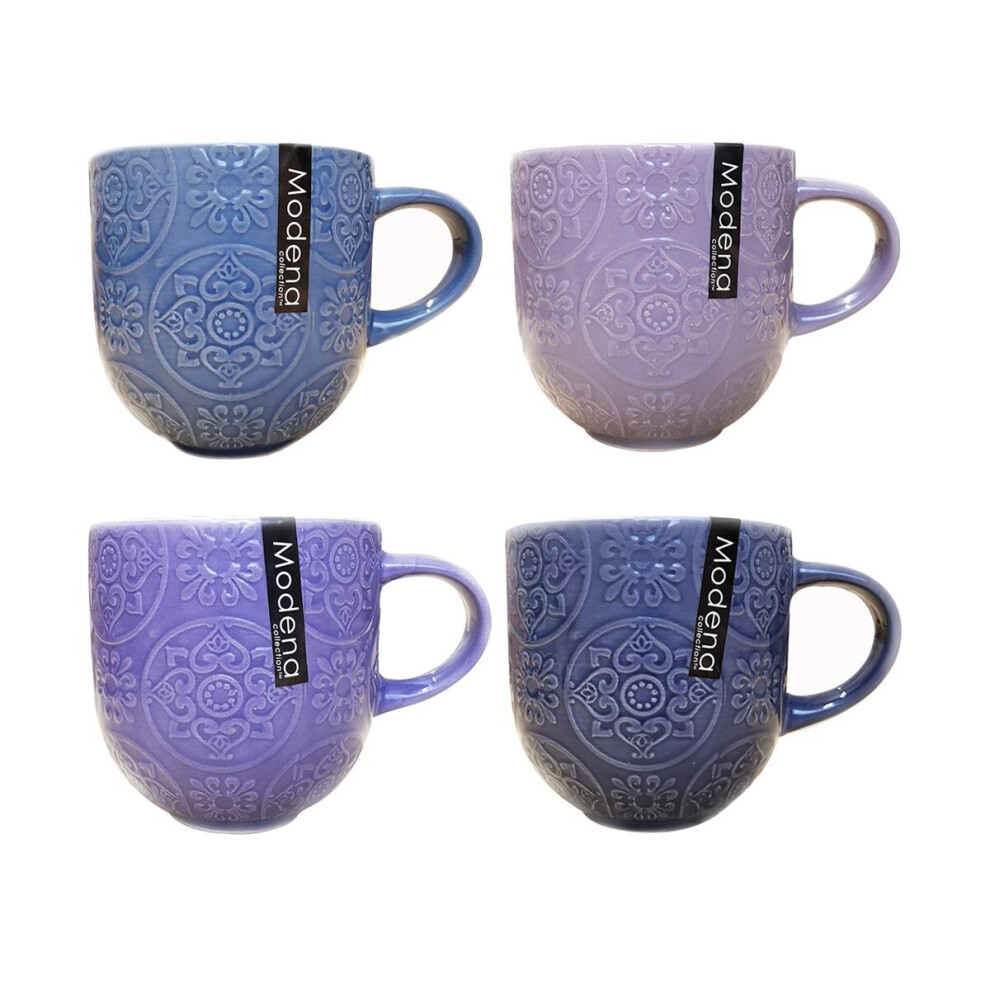 Set of 4 Embossed Coffee Mugs Tea Cups 4 Colours Decor Bone China