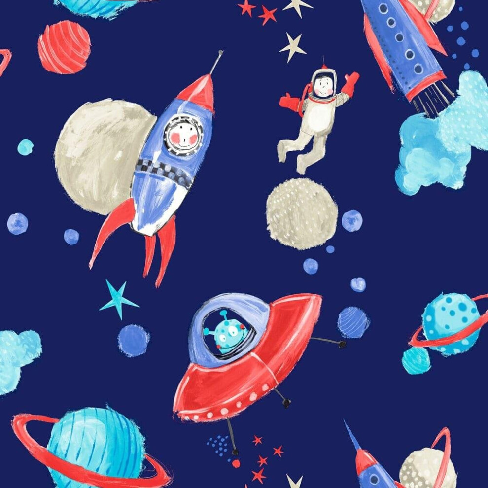 Arthouse Children's Star Ship Space Man Rocket Wallpaper Silver Glitter Blue