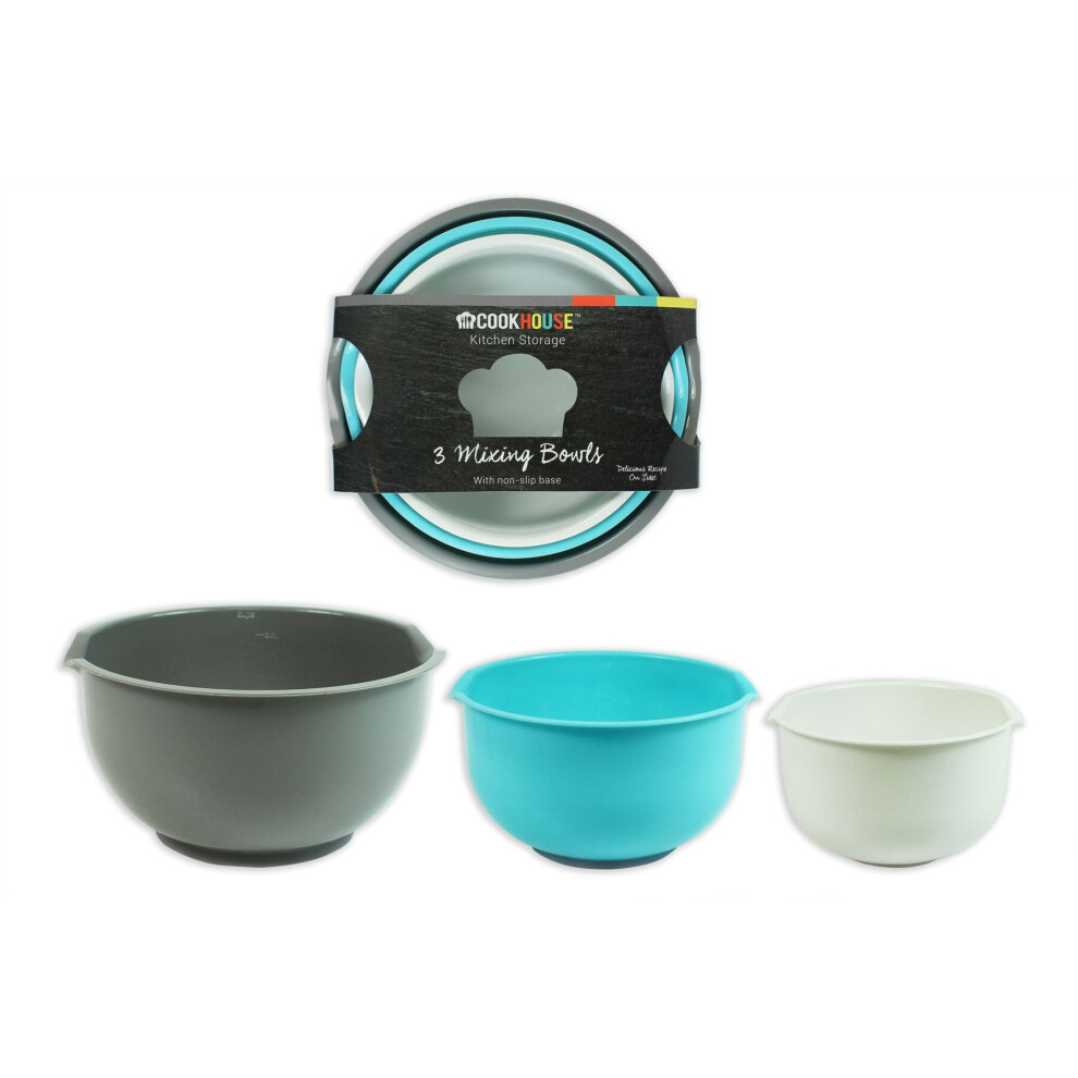 Mixing Bowls Pack of 3 Kitchen Baking & Plastic Non-Slip Base - 2.5l, 2l, 1.5l