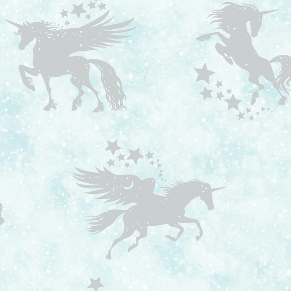 Children's Iridescent Unicorn Wallpaper Metallic Teal Silver Stars Holden Decor 5022976909502