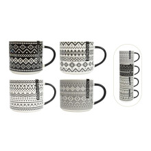 AM2546 Set of 4 Stacking Mugs - Aztec Black & Grey on Cream Bone China, 520ml Coffee Tea Cups