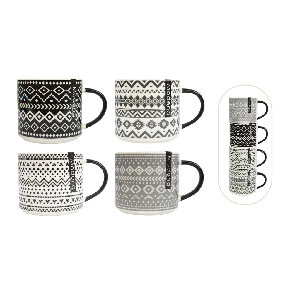 Set of 4 Stacking Mugs Coffee Tea Cups Aztec Black Cream Grey Bone China Large